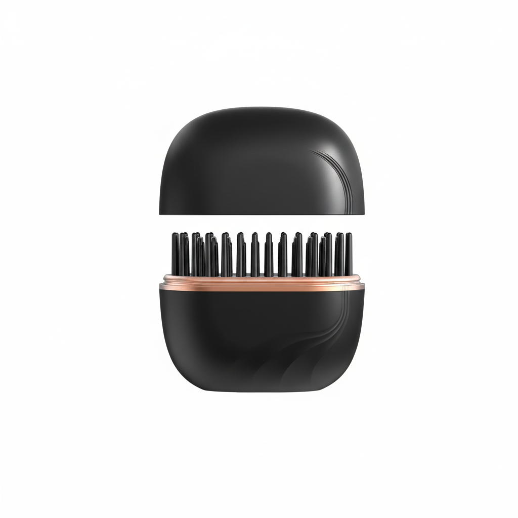 Black portable hair straightener on white background